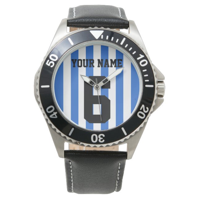 Customize, blue & white football / soccer stripes: watch (Front)