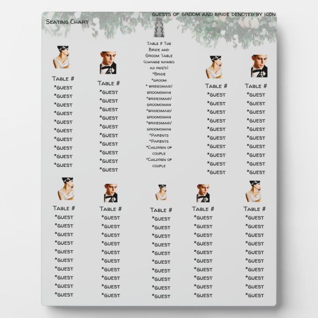 Customize Bride/Groom Icon Enabled  Seating Plan  Plaque (Front)