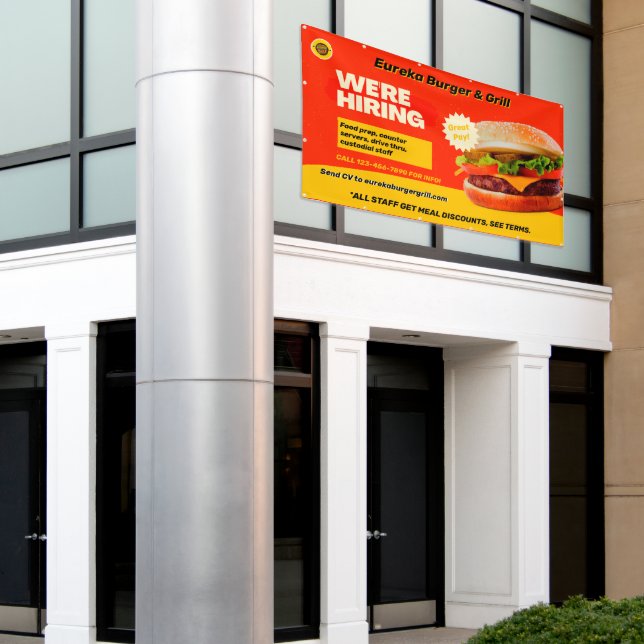 Customize Burger Restaurant We're Hiring Now  Banner (Outside Building)