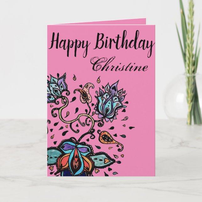 Customize by Name Happy Birthday Flower Design Card (Front)