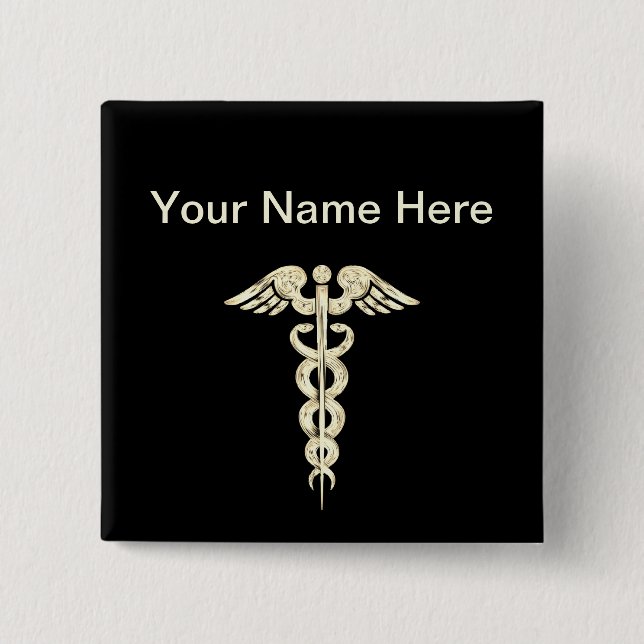 Customize - Caduceus Medical Symbol Snake Staff 2 Inch Square Button (Front)