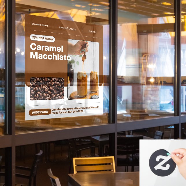 Customize Caramel Macchiato Promo Price Discount Window Cling (Restaurant Window)