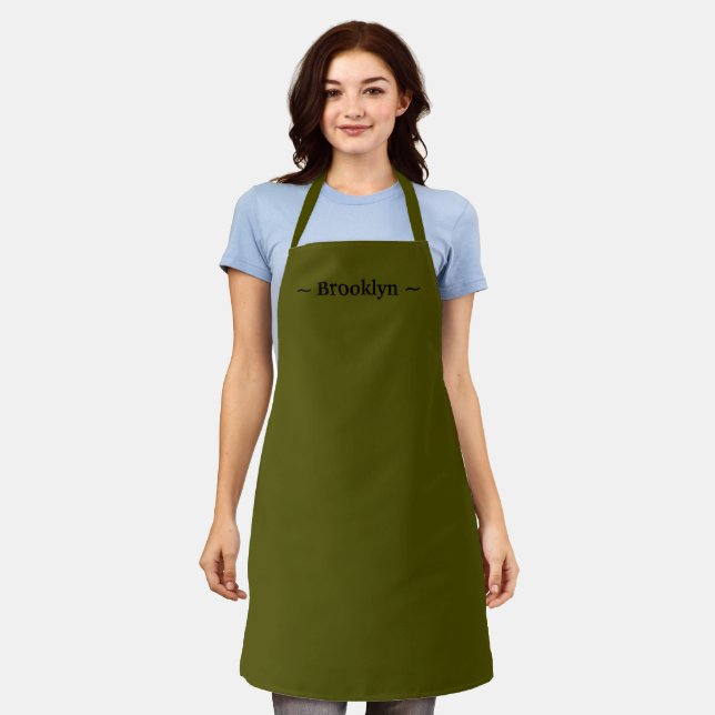 customize change name text white olive moss green apron (Worn)
