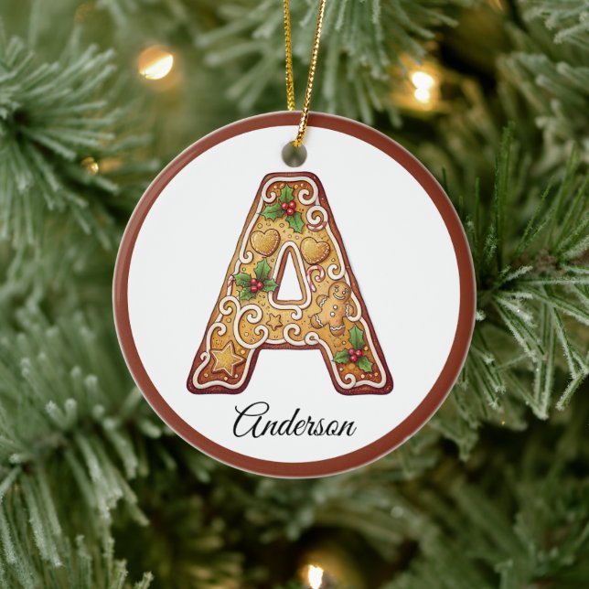 Customize Christmas Gingerbread Letter A Monogram Ceramic Ornament (Tree)