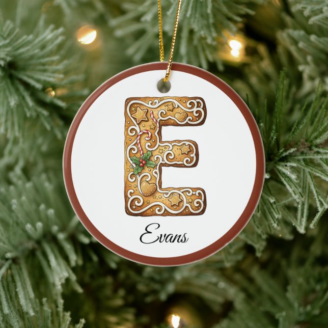 Customize Christmas Gingerbread Letter E Monogram Ceramic Ornament (Tree)