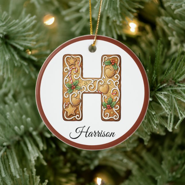 Customize Christmas Gingerbread Letter H Monogram Ceramic Ornament (Tree)