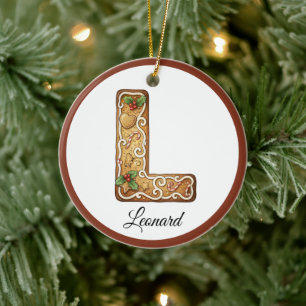 Customize Christmas Gingerbread Letter L Monogram Ceramic Ornament