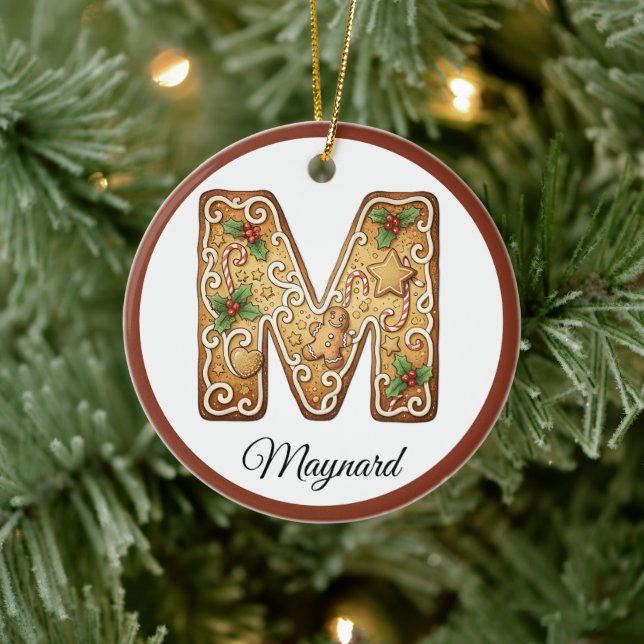 Customize Christmas Gingerbread Letter M Monogram Ceramic Ornament (Tree)