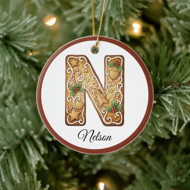 Customize Christmas Gingerbread Letter N Monogram Ceramic Ornament (Tree)