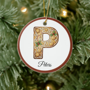 Customize Christmas Gingerbread Letter P Monogram Ceramic Ornament