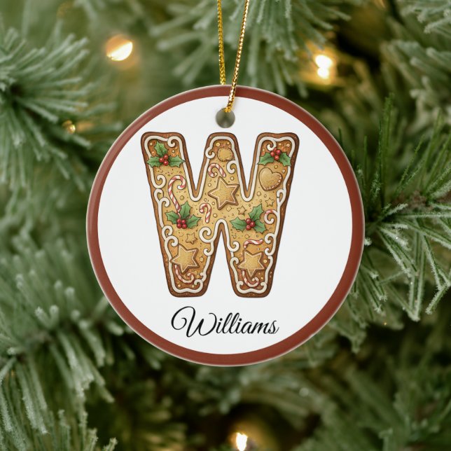 Customize Christmas Gingerbread Letter W Monogram Ceramic Ornament (Tree)