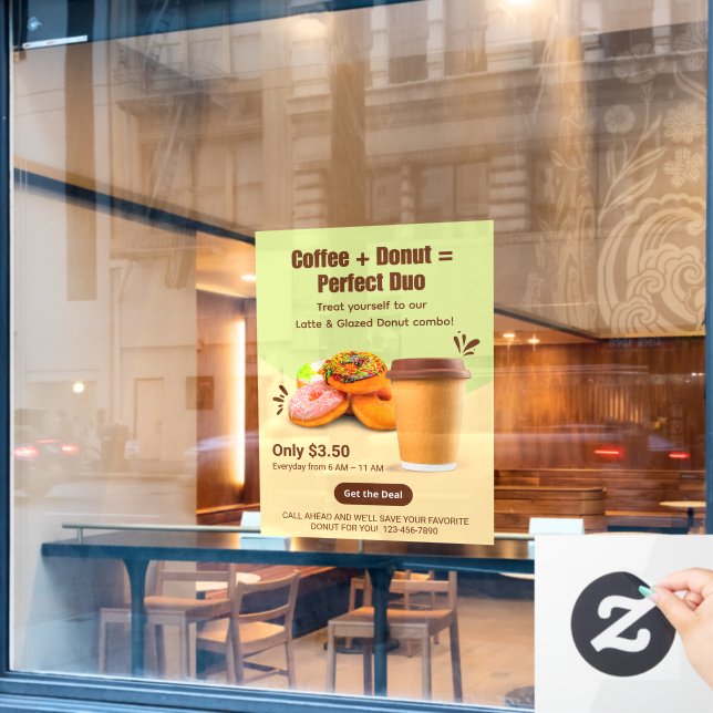 Customize Coffee And Doughnuts The Perfect Duo Window Cling (Cafe Window)