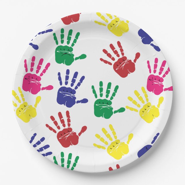 Customize Colourful Handprints Paper Plate (Front)