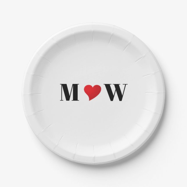 Customize Couple  initials A Loves B red heart Paper Plate (Front)