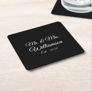 Customize Couple's last name, year, number black Square Paper Coaster