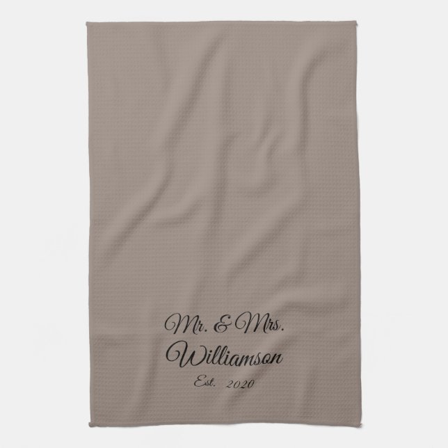 Customize Couple's last name, year, number greige Kitchen Towel (Vertical)
