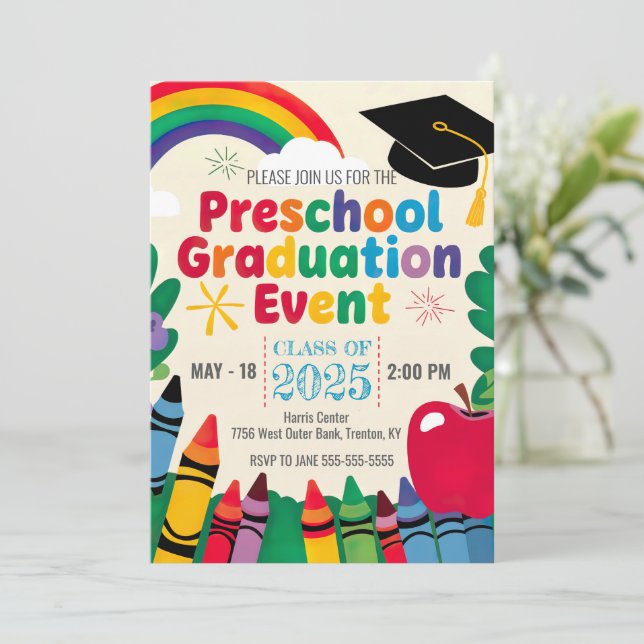Customize Crayon Rainbow Preschool Graduation Cap Invitation (Standing Front)