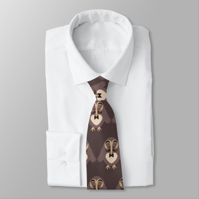 Customize Cute Brown owl with Moustache pattern Tie (Tied)