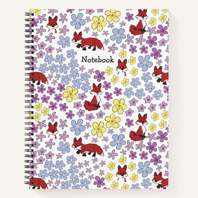 Customize Cute Red Fox Colourful Wildflowers Notebook (Front)