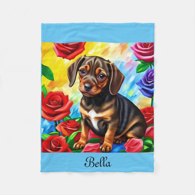 Customize Dachshund Puppy colourful Fleece Blanket (Front)