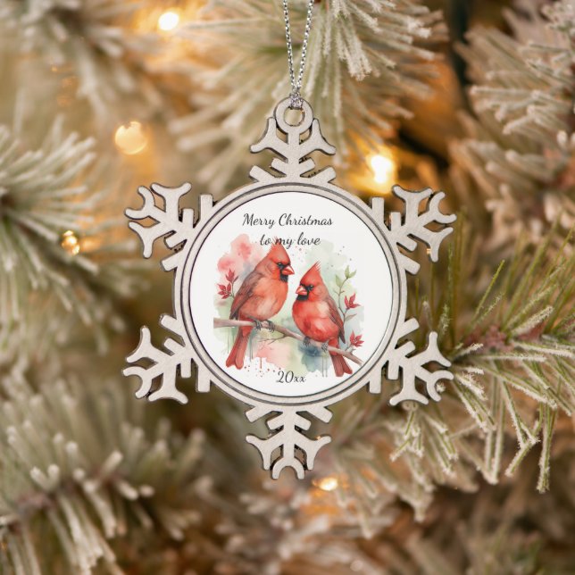 Customize Dated Cardinal to my Love Snowflake Pewter Christmas Ornament (Tree)