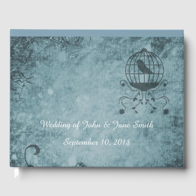 Customize Deep Blue Steampunk Bird Cage Guest Book (Front)