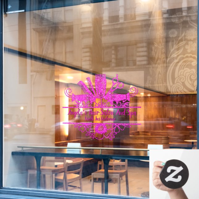 Customize Faux Pink Glitter Hair Salon And Spa  Window Cling (Cafe Window)