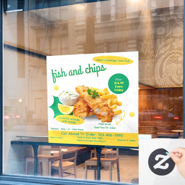 Customize Fish and Chips Restaurant Promotional Window Cling (Cafe Window)