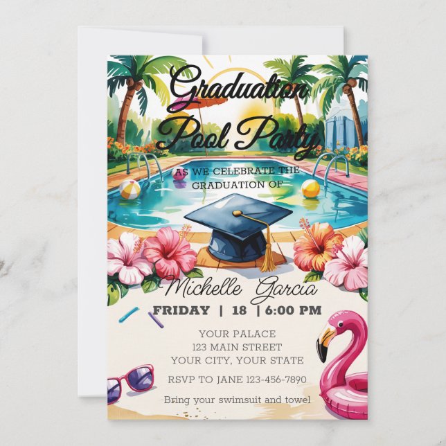 Customize Flamingo Pool Graduation Party Hibiscus Invitation (Front)