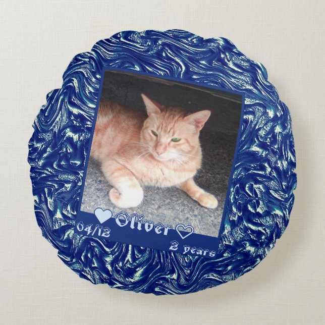 Customize frame photo cat pet on dark blue texture round pillow (Front)
