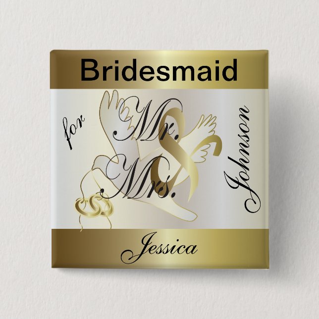 Customize Gold and White Dove Wedding Party 2 Inch Square Button (Front)