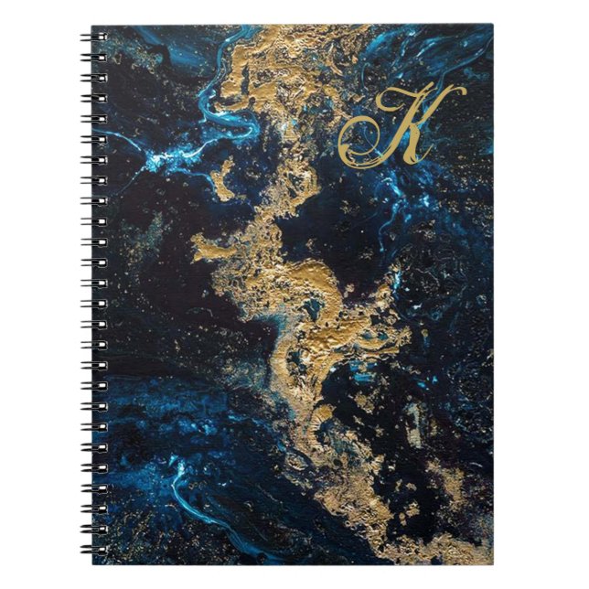 Customize Gold Blue MARBLE Spiral Notebook Initial (Front)