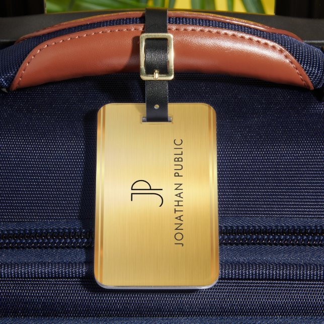 Customize Gold Look Modern Elegant Monogrammed Luggage Tag (Front Insitu 2)