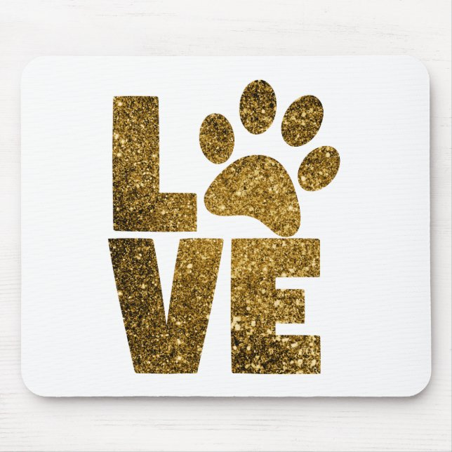 Customize Golden Glitter Love Text with Animal Paw Mouse Pad (Front)