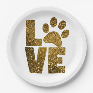 Customize Golden Glitter Love Text with Animal Paw Paper Plate