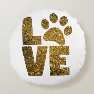 Customize Golden Glitter Love Text with Animal Paw Round Pillow