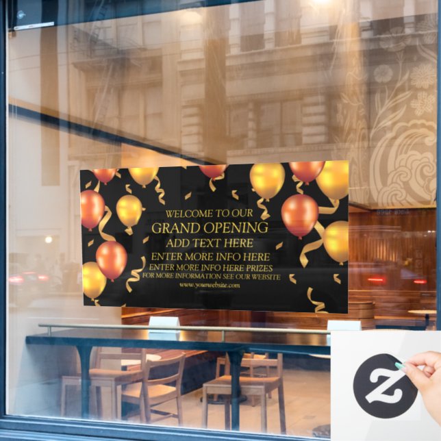 Customize Grand Opening Gold Balloons Ribbons Shop Window Cling (Cafe Window)