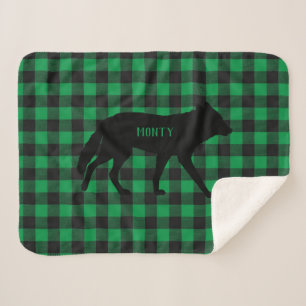 Customize Green Buffalo Plaid Wild Coyote Dog Sherpa Blanket