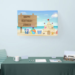 Customize Happy Birthday Boy Beach Sand Castle  Banner