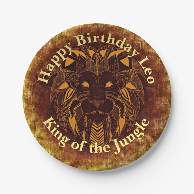 Customize Happy Birthday Golden Brown Tribal Lion Paper Plate (Front)