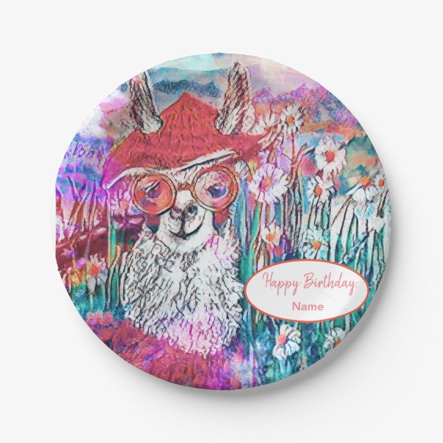 Customize Happy Birthday Mama Llama Paper Plate (Front)