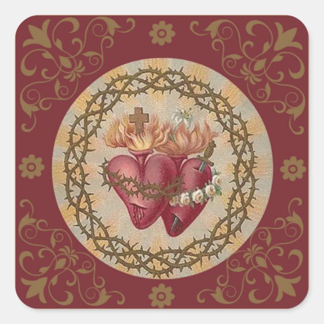 CUSTOMIZE  Hearts of Jesus & Mary Roses Thorns Square Sticker (Front)