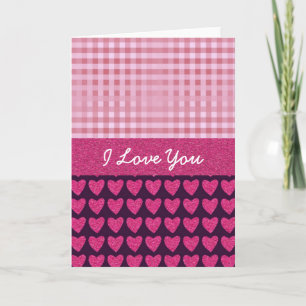 Customize I Love You pink hearts and gingham Holiday Card