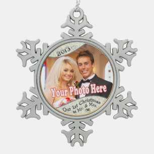 Customize it! - Our 1st Christmas as Mr. and Mrs. Snowflake Pewter Christmas Ornament
