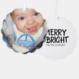 Customize it with Your photo and text Merry bright Ornament Card