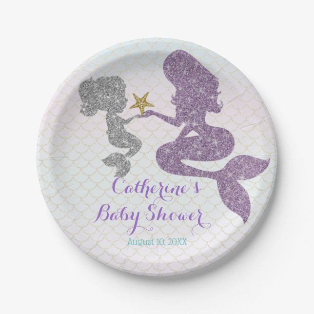 Customize Mermaid Baby Shower Sparkle Purple Teal Paper Plate (Front)