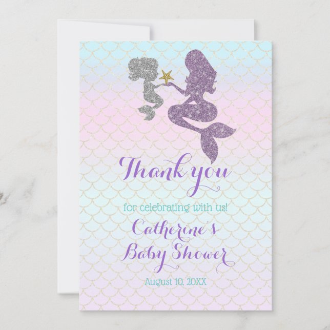 Customize Mermaid Baby Shower Sparkle Purple Teal Thank You Card (Front)