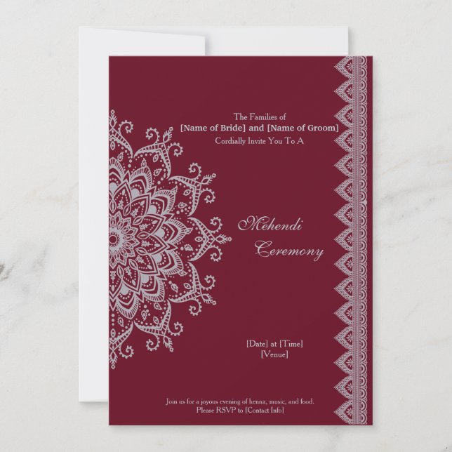 Customize Metallic Silver Burgundy Mehendi Indian Invitation (Front)