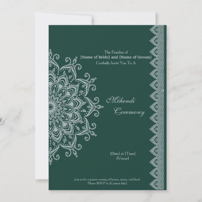 Customize Metallic Silver Emerald Mehendi Indian Invitation (Front)