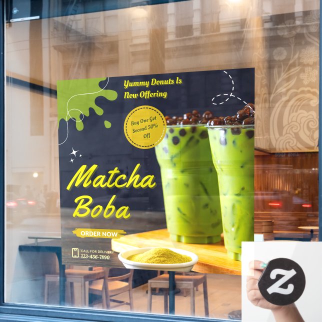 Customize Minimalist Matcha Boba Tea Doughnut Shop Window Cling (Cafe Window)